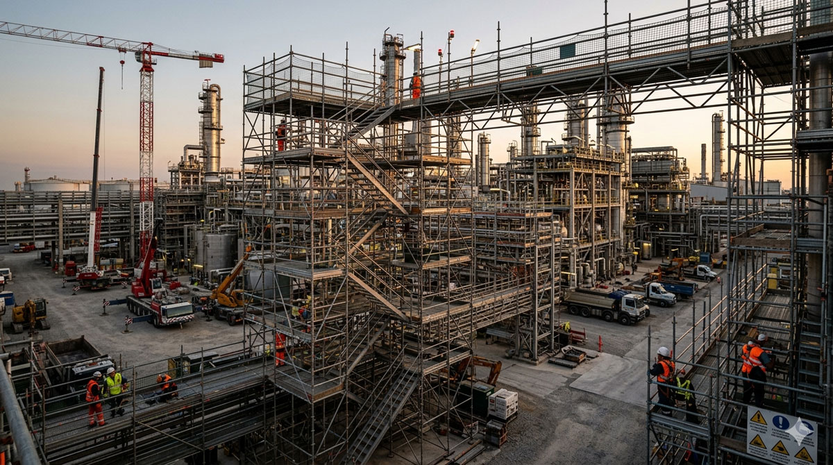 ponteggi multidirezionali in un cantiere complesso industriale