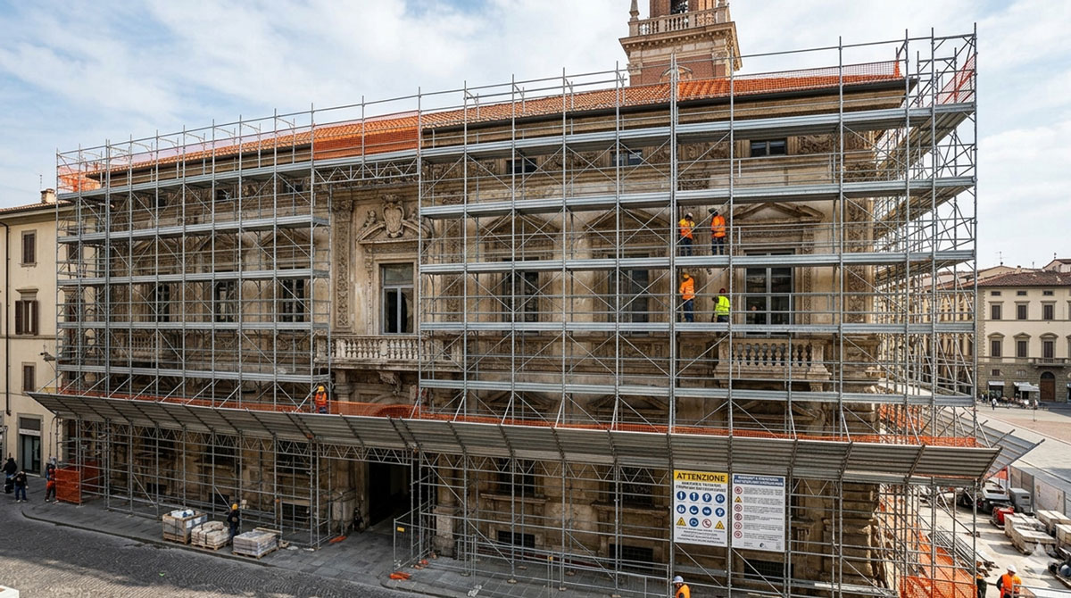 ponteggi multidirezionali in un cantiere di restauro architettonico di edificio storico